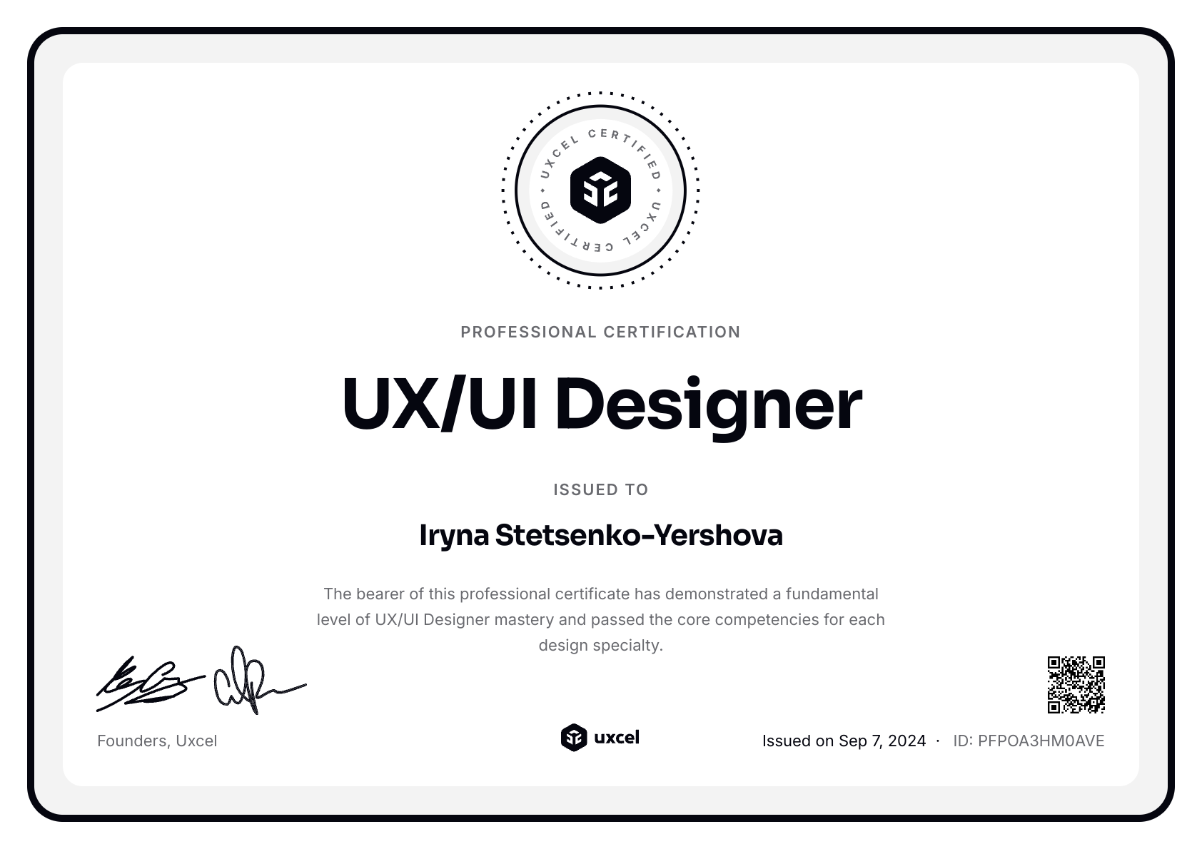 Iryna Stetsenko-Yershova's certificate